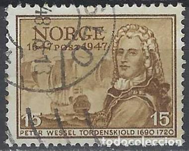 Sellos: NORUEGA 1947 - 3&ordm; CENTENARIO DEL CORREO NORUEGO, MARR&Oacute;N - USADO