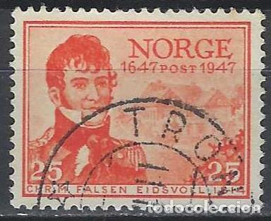 Sellos: NORUEGA 1947 - 3&ordm; CENTENARIO DEL CORREO NORUEGO, ROJO ANARANJADO - USADO