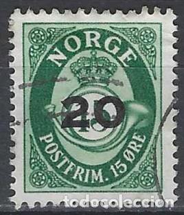 Sellos: NORUEGA 1952 - CUERNO POSTAL Y CIFRA, VERDE, SOBRECARGADO - USADO