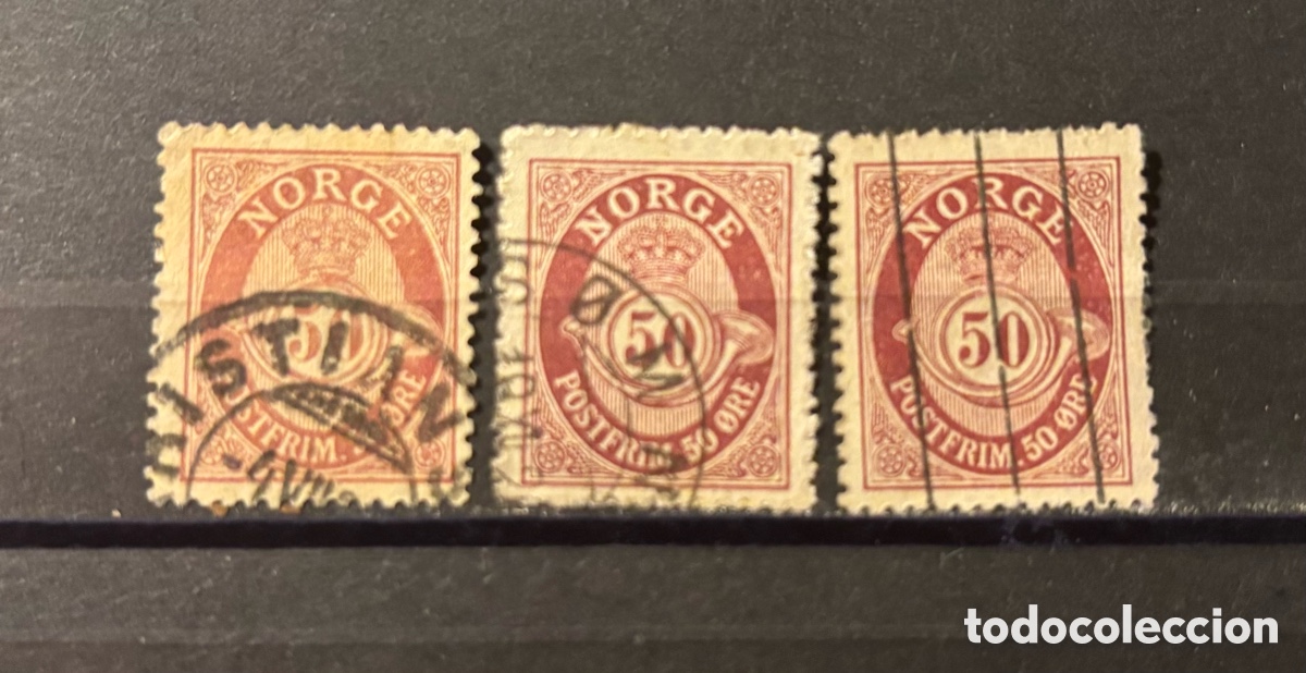 Briefmarken: Lote 3 sellos Noruega 50 ore Prostfrim pardo-rojizo 1893-1908 Facit 63 usados