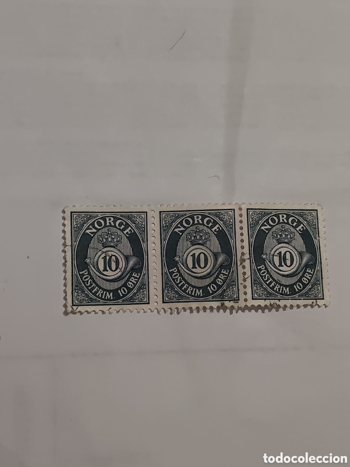 Briefmarken: Bloque de 3 sellos de Noruega cuerno postal 1950