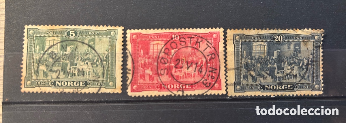 Briefmarken: sellos Noruega 3 unidades 1914 centenario constituci&oacute;n serie completa