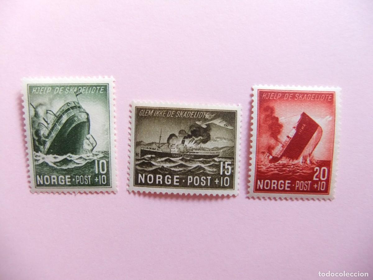 Sellos: L 48 NORUEGA NORGE 1944 / BARCOS TORPEDEADOS y UNDIENDOSE / YVERT 257 / 259 MH