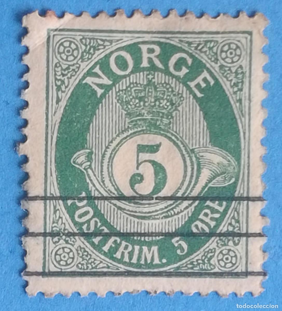 Sellos: Noruega. Cuerno postal. 5 &oslash;re. Color verde.
