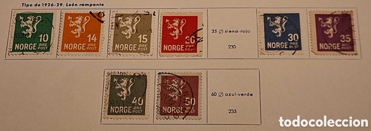 Sellos: 8 sellos de Noruega de tipo de 1926-29 Le&oacute;n raspaste en 1941