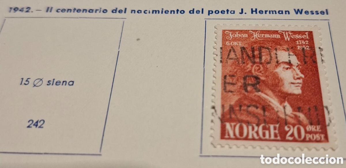 Sellos: Sello de Noruega 1942 poeta Herman Wessel