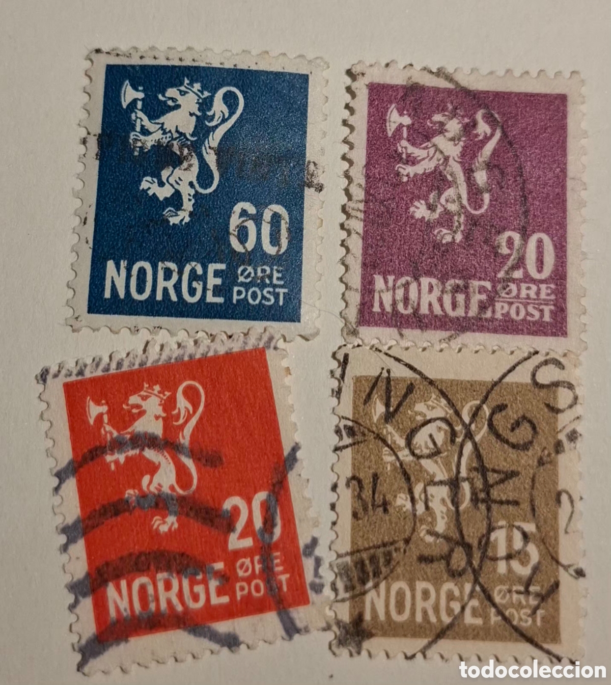 Sellos: 3 sellos Noruega 1927-1940 Le&oacute;n rampante de 15, 20. 20 y 60