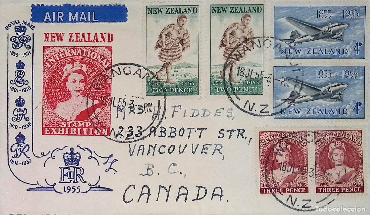 Sellos: O) 1955 NEW ZEALAND, MAORI MAILMAN, QUEEN ELIZABETH II, DOUGLAS DC 3 - PLANE, NEW ZEALAND 1st POSTA