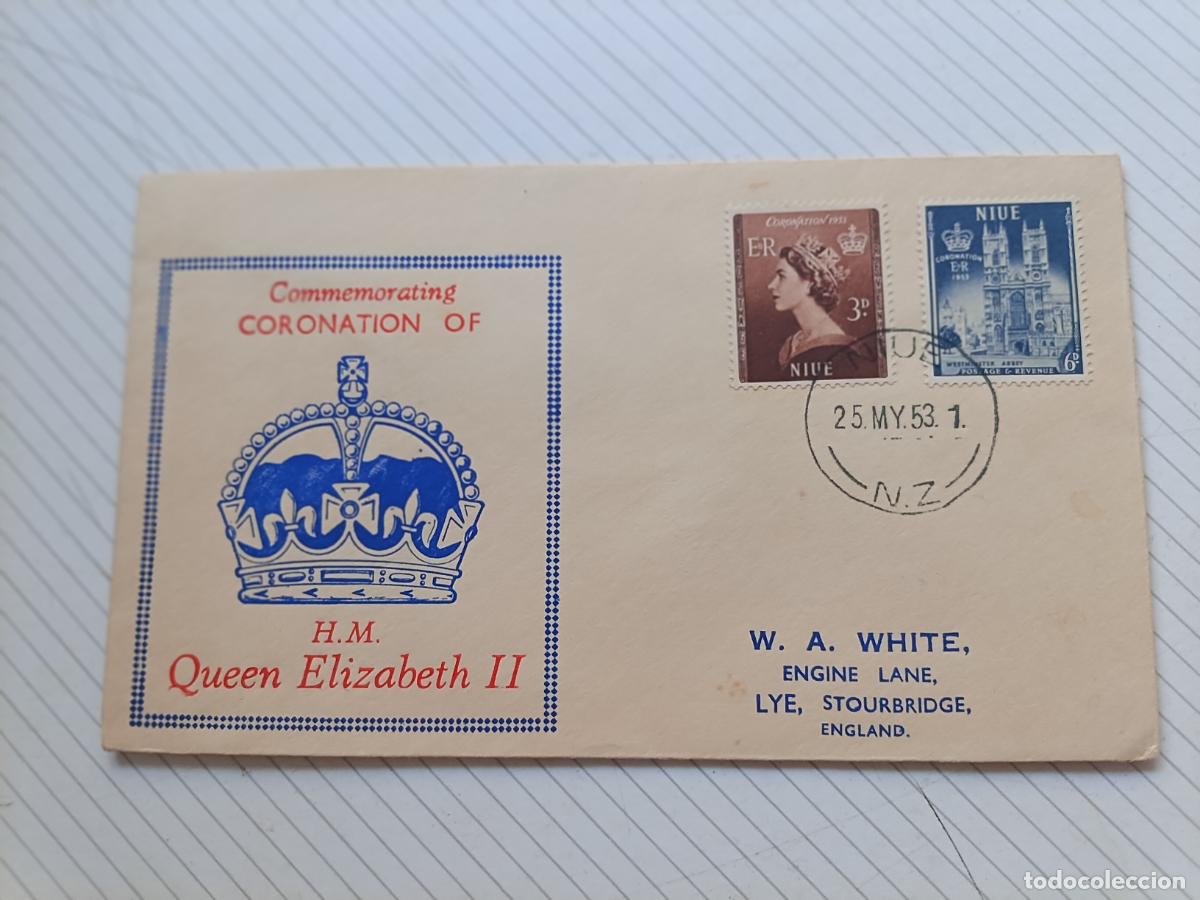 Sellos: Niue, 1953, Nueva Zelanda. Sobre primer d&iacute;a. Coronaci&oacute;n Elizabeth II