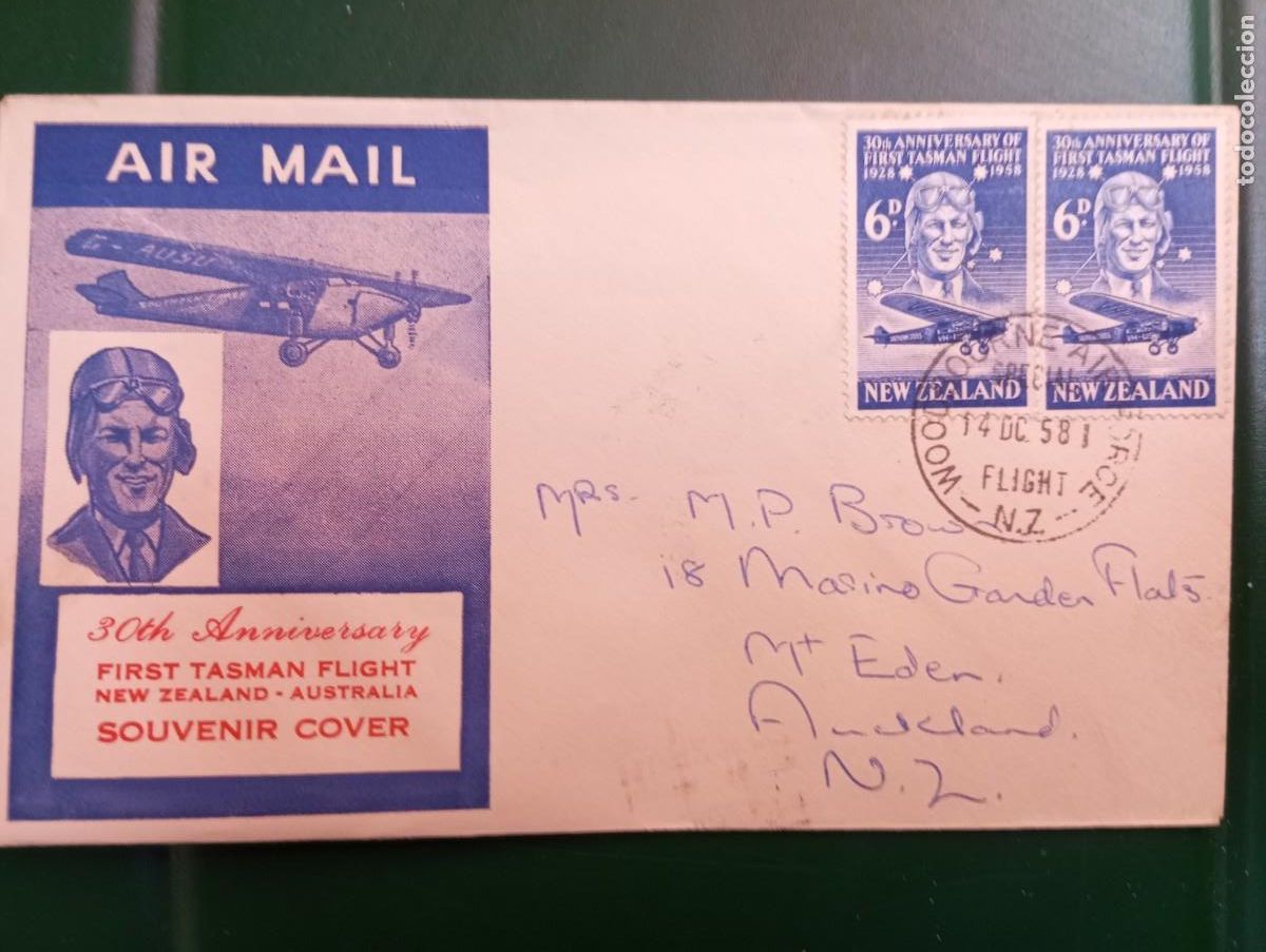Sellos: NUEVA ZELANDA, 1958, AVIACI&Oacute;N, 30 ANIV DEL VUELO A TASMANIA