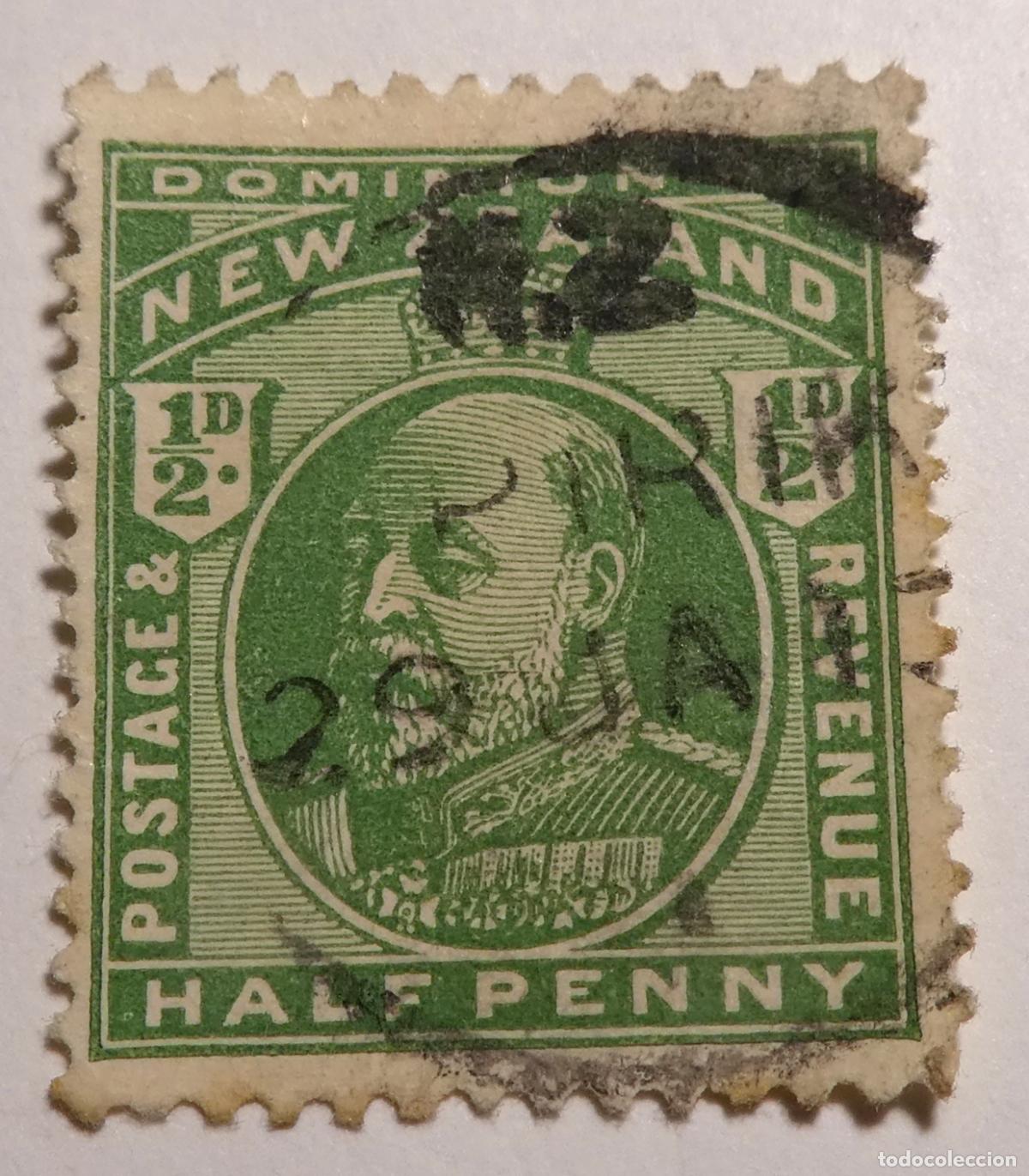 Sellos: Sello postal de Nueva Zelanda 1/2 penique verde de Eduardo VII de 1909
