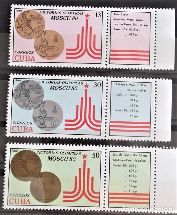 Sellos: Cuba. 2225/27 Medallas cubanas conseguidas JJ. OO. Mosc&uacute;. 1980. Sellos nuevos y numeraci&oacute;n Yvert