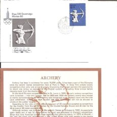 Sellos: FDC EMISION OFICIAL XXII OLIMPIADA MOSCU 1980 ARCHERY. Lote 243745190