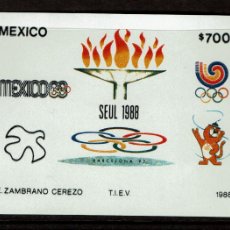 Sellos: HOJITA CON MOTIVO OLIMPIADAS 1988. MEXICO 68, SEUL 88, Y BARCELONA 1992. E. ZAMBRANO CEREZO. Lote 391308679