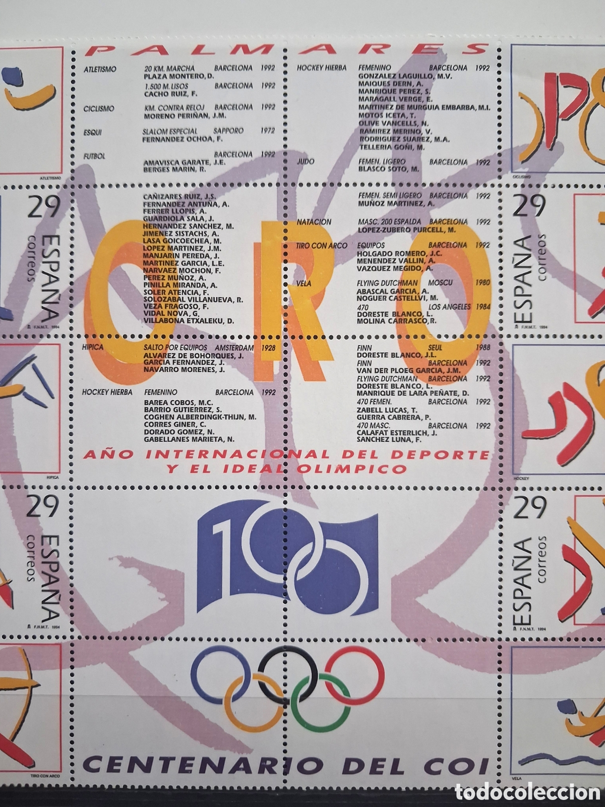 Sellos: Hoja Bloque Centenario COI Oro 1994 Espa&ntilde;a - Foto 2