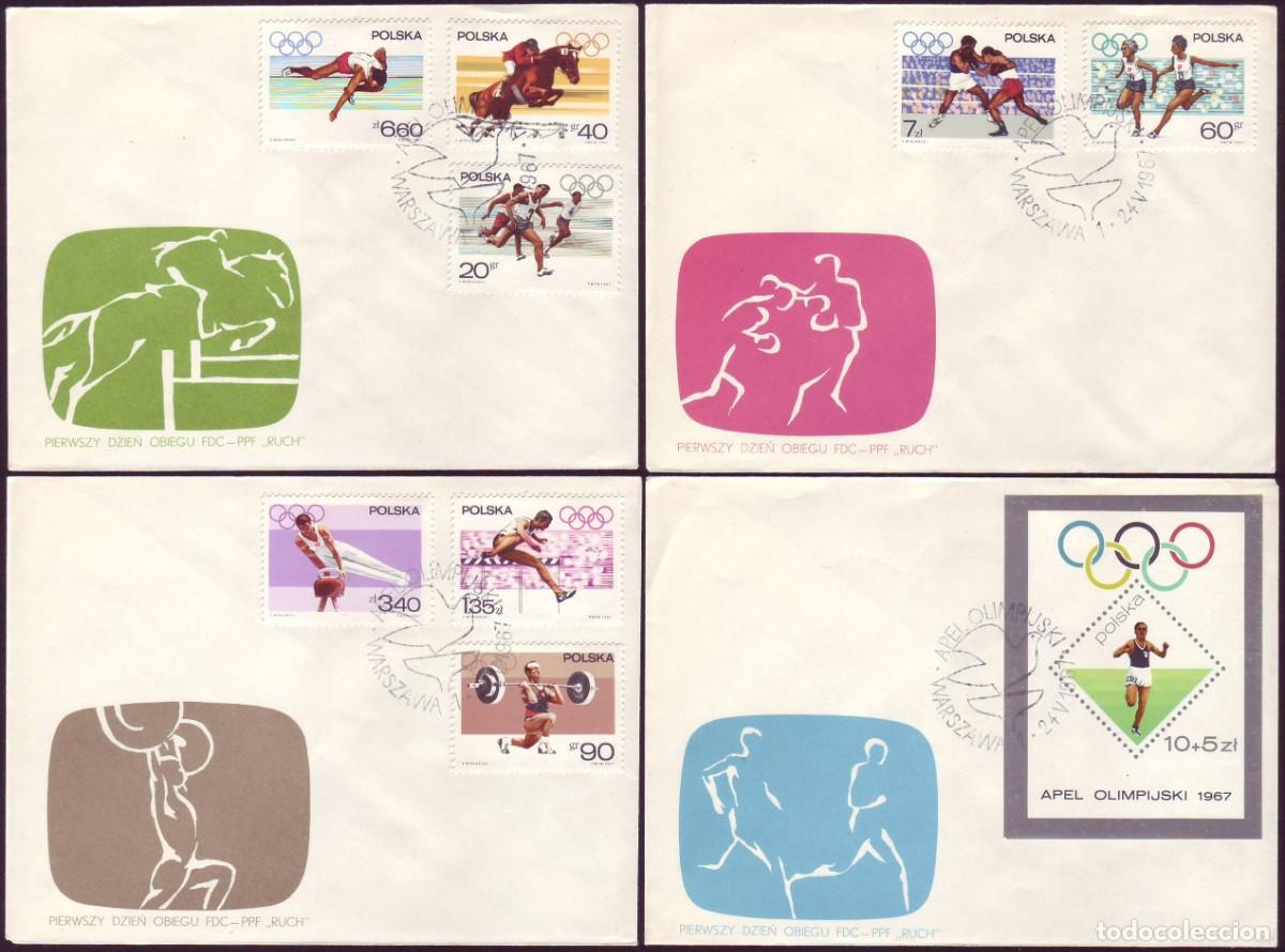 Sellos: 4 FDC Polonia, 1967 | Preolympic games (M&eacute;xico &acute;68) | Yv: 1616/23 + B46 | Mi: 1761/8 + B40