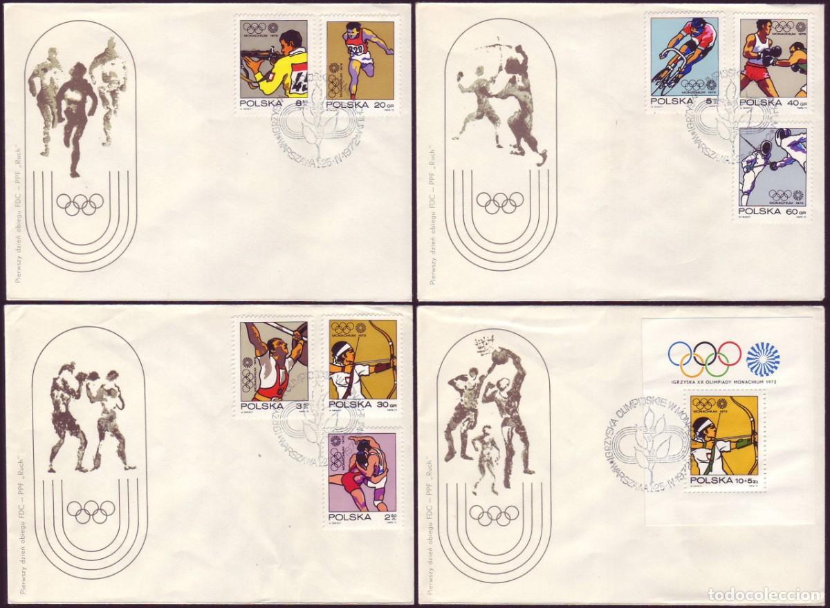 Sellos: 4 FDC Polonia, 1972 | JJ.OO. Munich &acute;72 | Yv: 1995/2002 + B57 / Mi: 2149/56 + B51