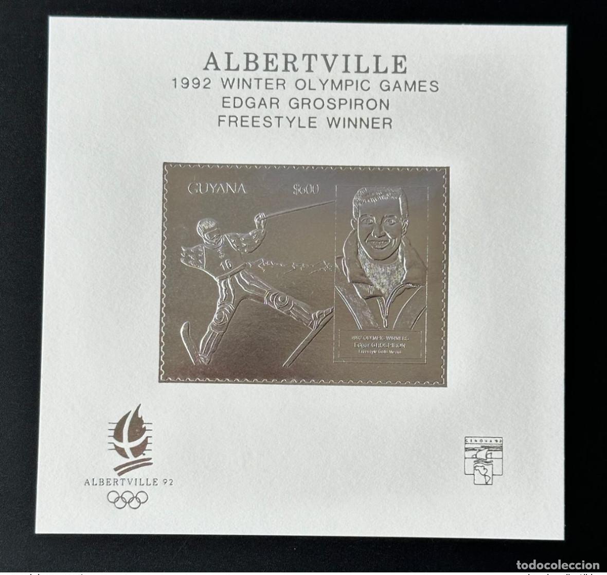 Sellos: Guyana 1992 Mi. BL. 226 Silver Albertville Edgar Grospiron Ski G&eacute;nova