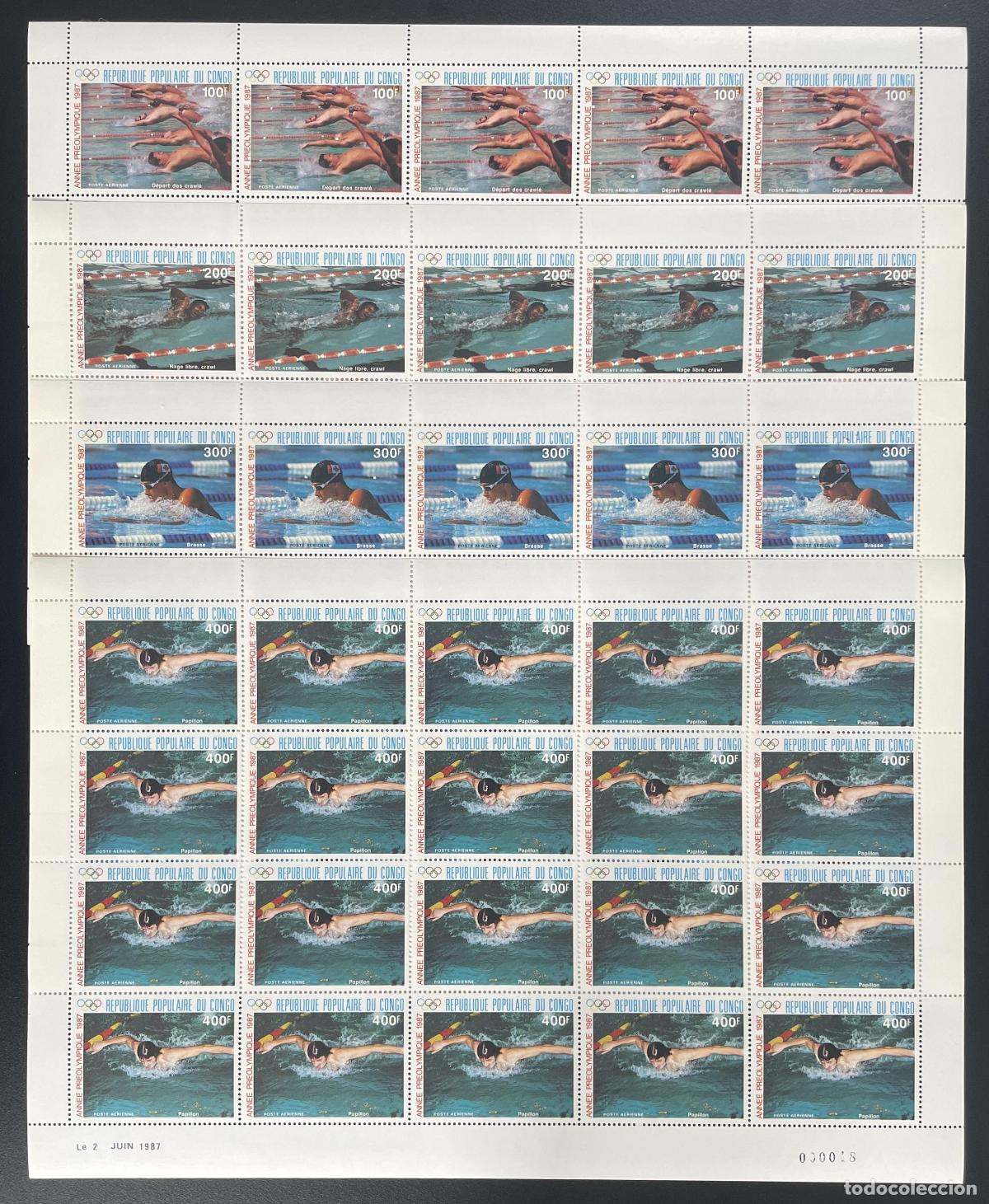 Sellos: Congo 1987 YT 367-370 tabl&oacute;n nataci&oacute;n Juegos Ol&iacute;mpicos Se&uacute;l deportes de JO