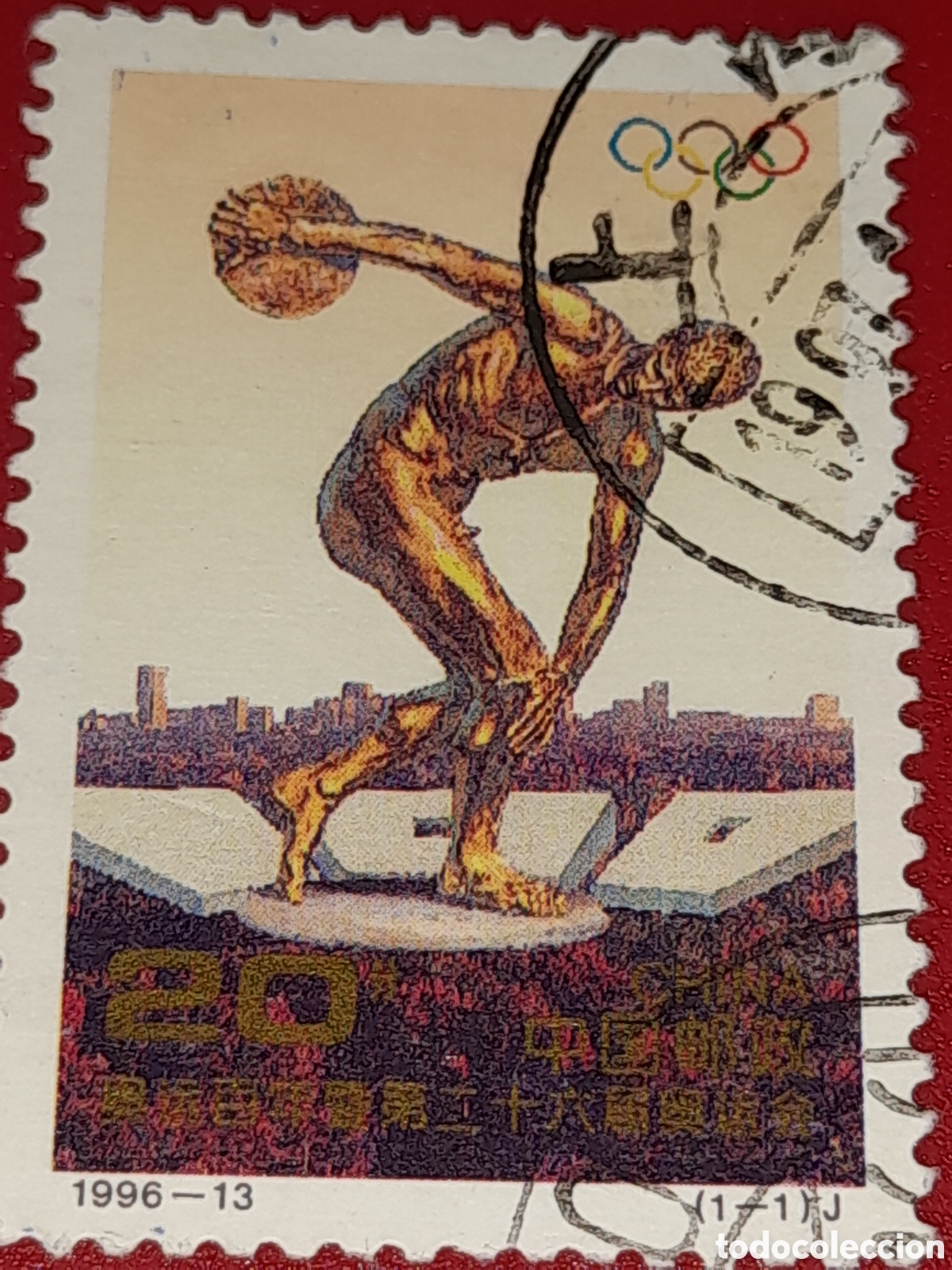 Sellos: Sello China mtdo 1996. 100Aniv juegos olimpiada modernos. Atlanta. Escultura. Estatua. Deporte.