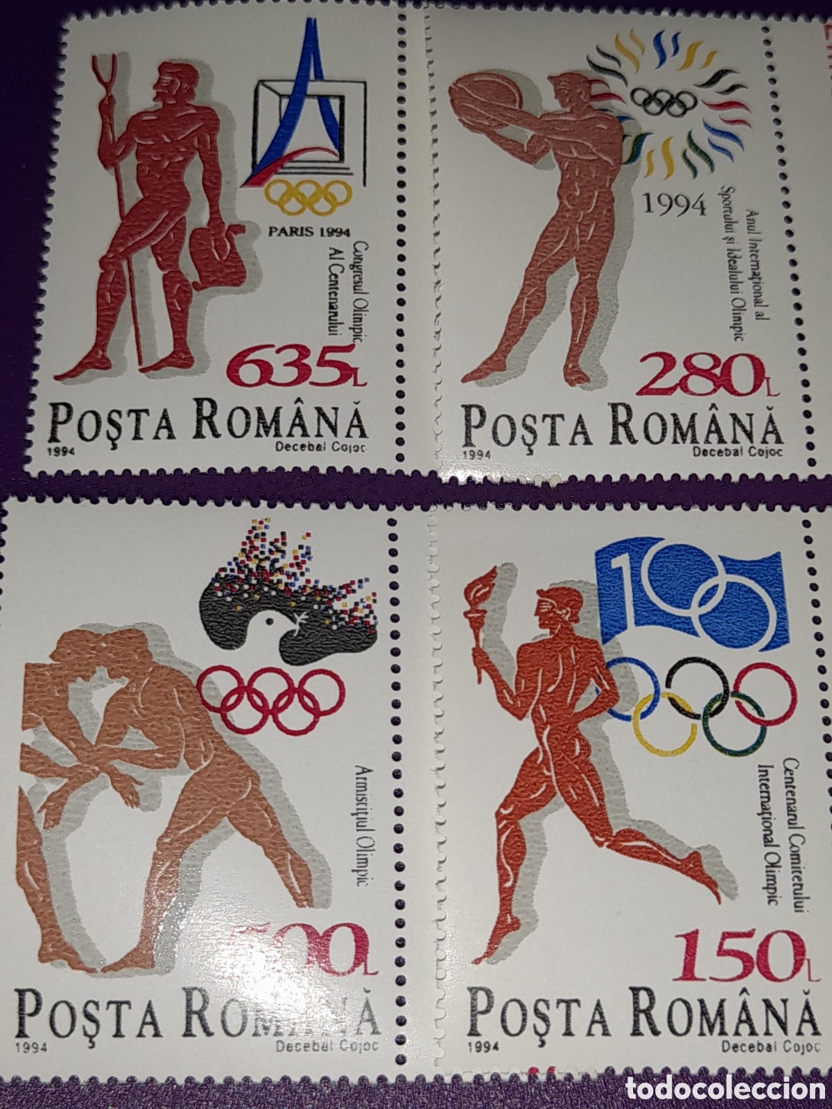 Sellos: Sello Ruman&iacute;a nuevo 1994. 100Aniv Comit&eacute; olimpiada inter. Deporte. Atletas. Griegos. Emblemas. Lucha
