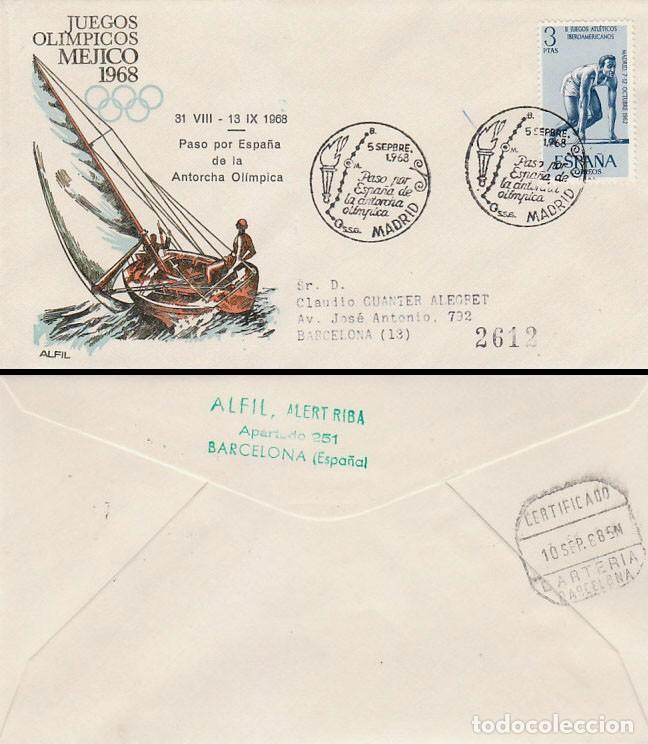 Sellos: A&Ntilde;O 1968, PASO POR ESPA&Ntilde;A DE LA ANTORCHA OLIMPICA, MATASELLO DE MADRID, SOBRE CIRCULADO
