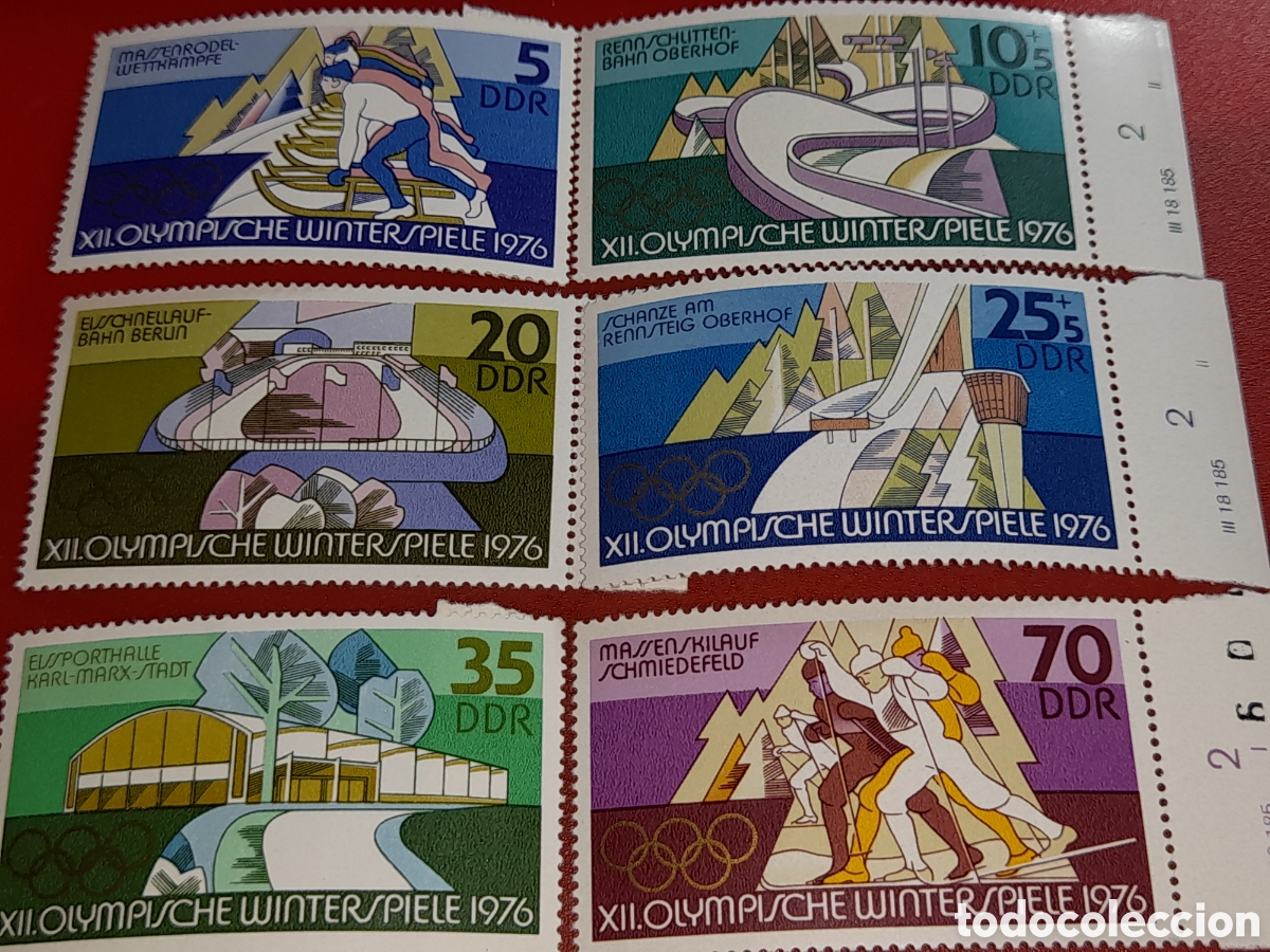 Sellos: Sello Alemania, DDR nuevo 1975. Olimpiadas. Trineo. Salto. Invierno. Innsbruck. Pabellon. Arquitectu