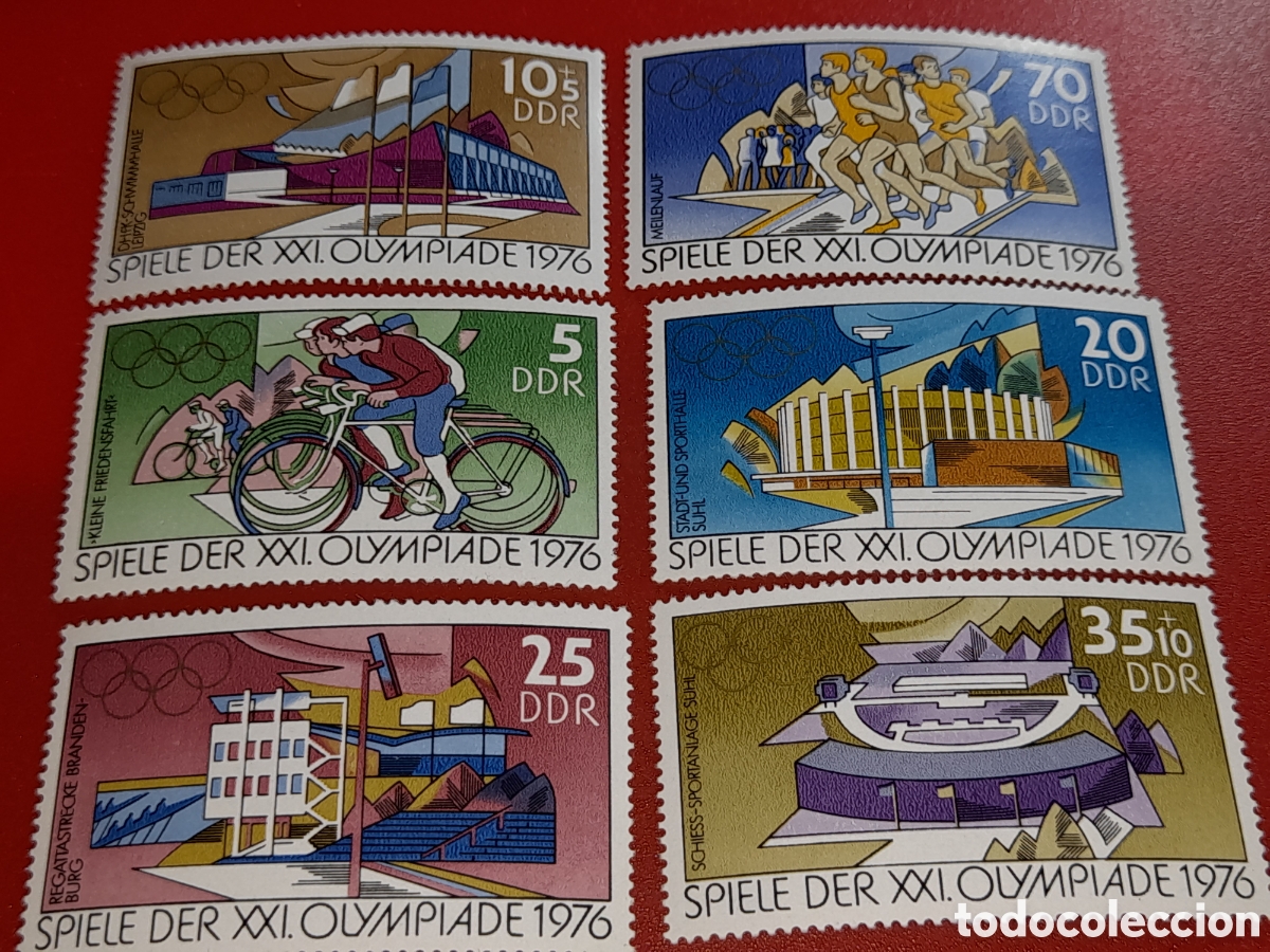 Sellos: Sello Alemania, DDR nuevo 1976. Juegos olimpiada Montreal. Deporte. Ciclismo, pabello. Arquitectura