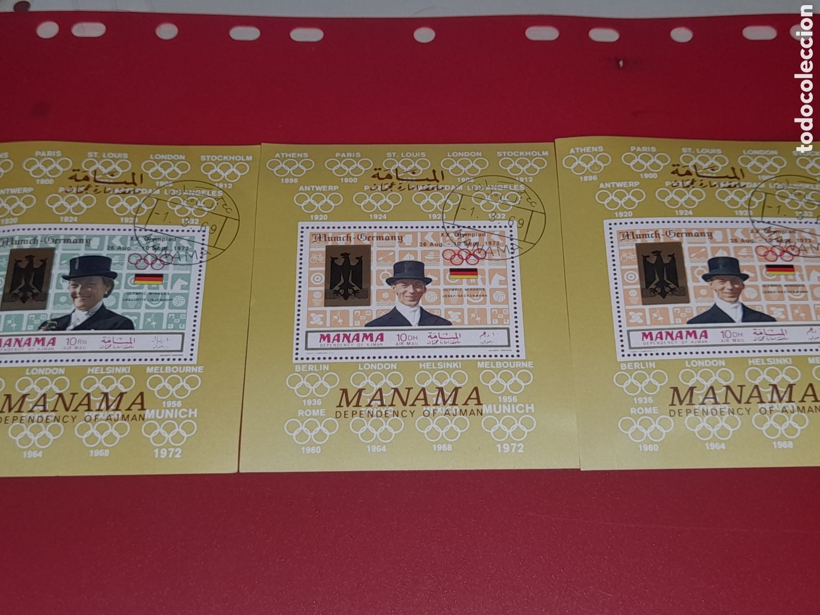 Sellos: HB Manama (E.A.U) mtdo 1969. Juegosmo&ntilde;impiada M&eacute;xico. Medallistas. H&iacute;pica. Doma. &Aacute;guila. Bandera. S