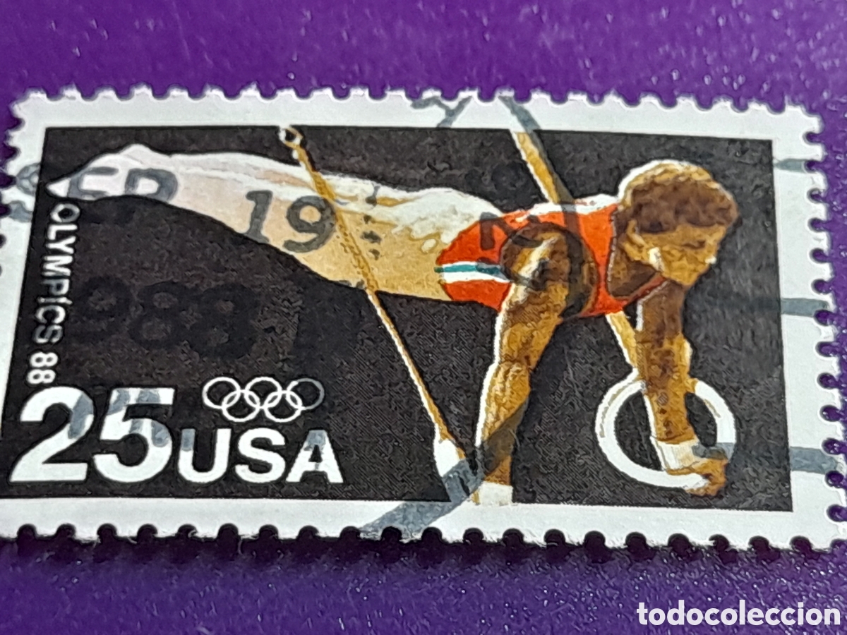 Sellos: Sello Estados Unidos mtdo/udo 1988. Juegos olimpiada. Real. Anillas. Gimnasia r&iacute;tmica.