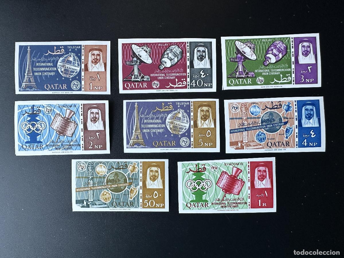 Sellos: Qatar 1965 Mi. 64-71 ND Telecomunicaciones UIT ITU Telecoms Sat&eacute;lite Telstar