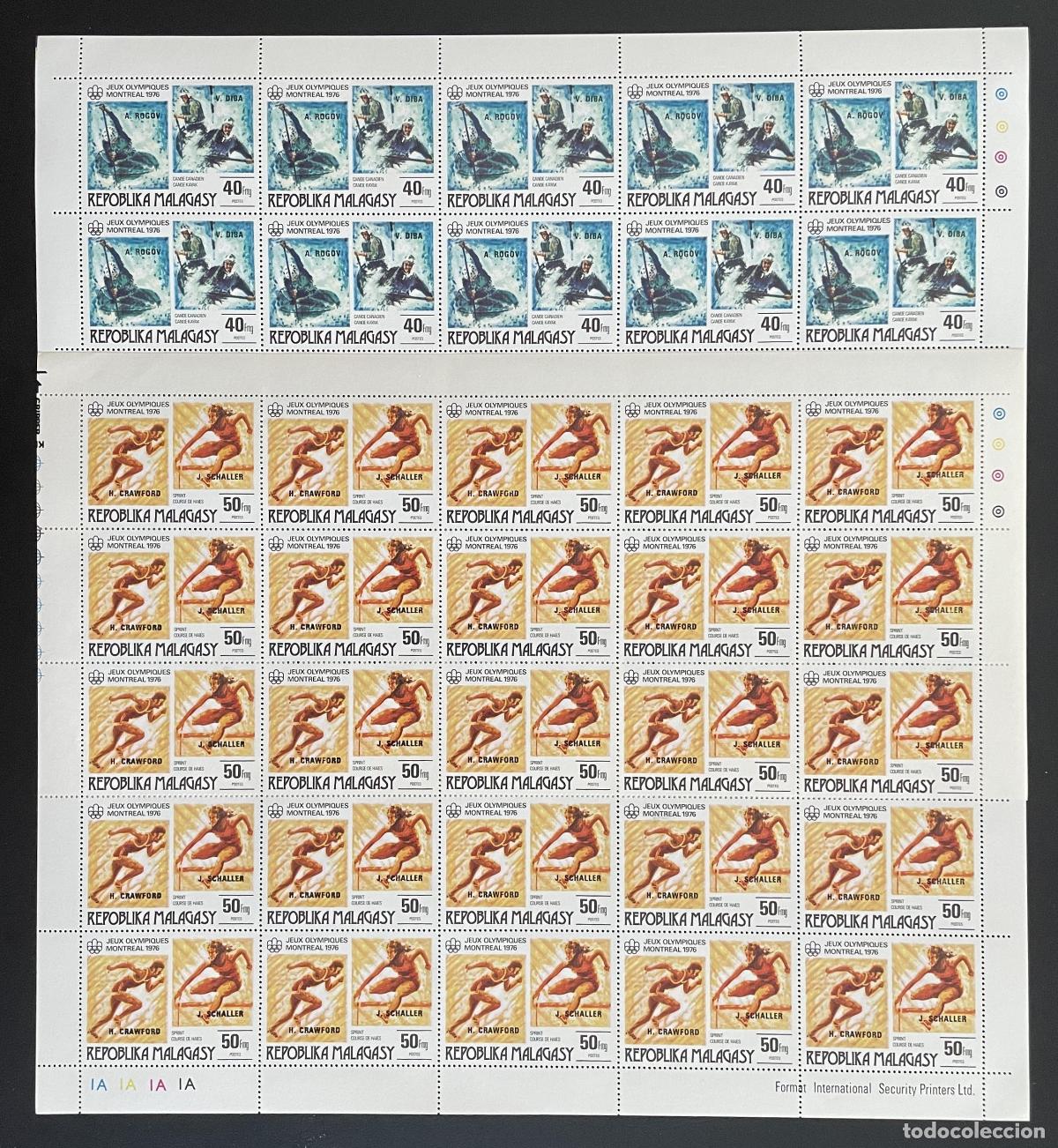 Sellos: Madagascar 1977 YT 607-608 tabl&oacute;n sobrecargado JJ.OO. Montreal canoa