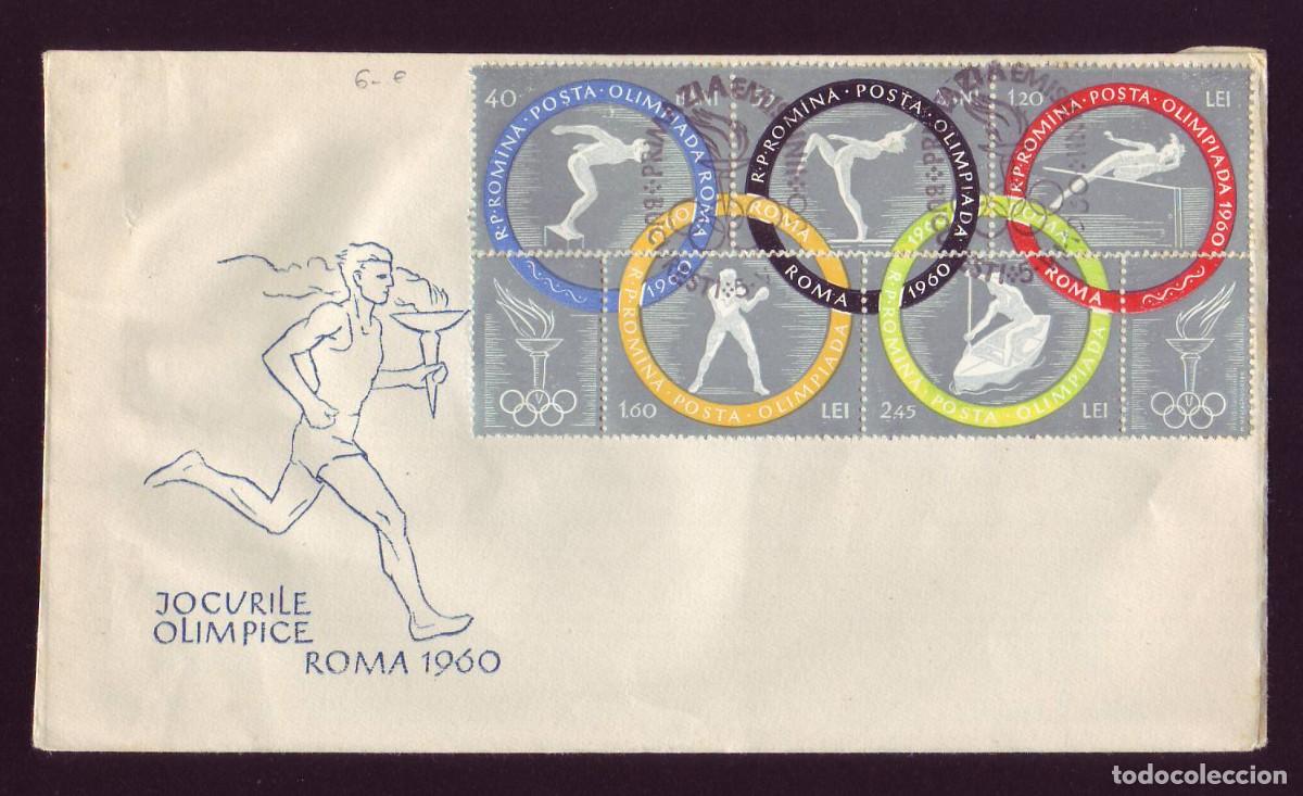 Sellos: FDC Romania, 1960 | Olympic Games Rome | Se-tenant strip | Yv: 1715/9, Mi: 1853/8, Sc: 1326/30