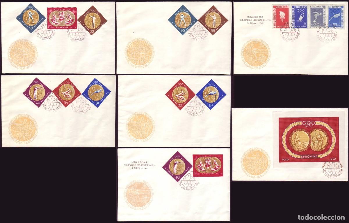Sellos: 7 FDC Romania, 1961 | Melbourne 1956 + Roma 1960 | Yv: 1804/13 (d+sd) + B51, Mi: 2010/9AB + B50