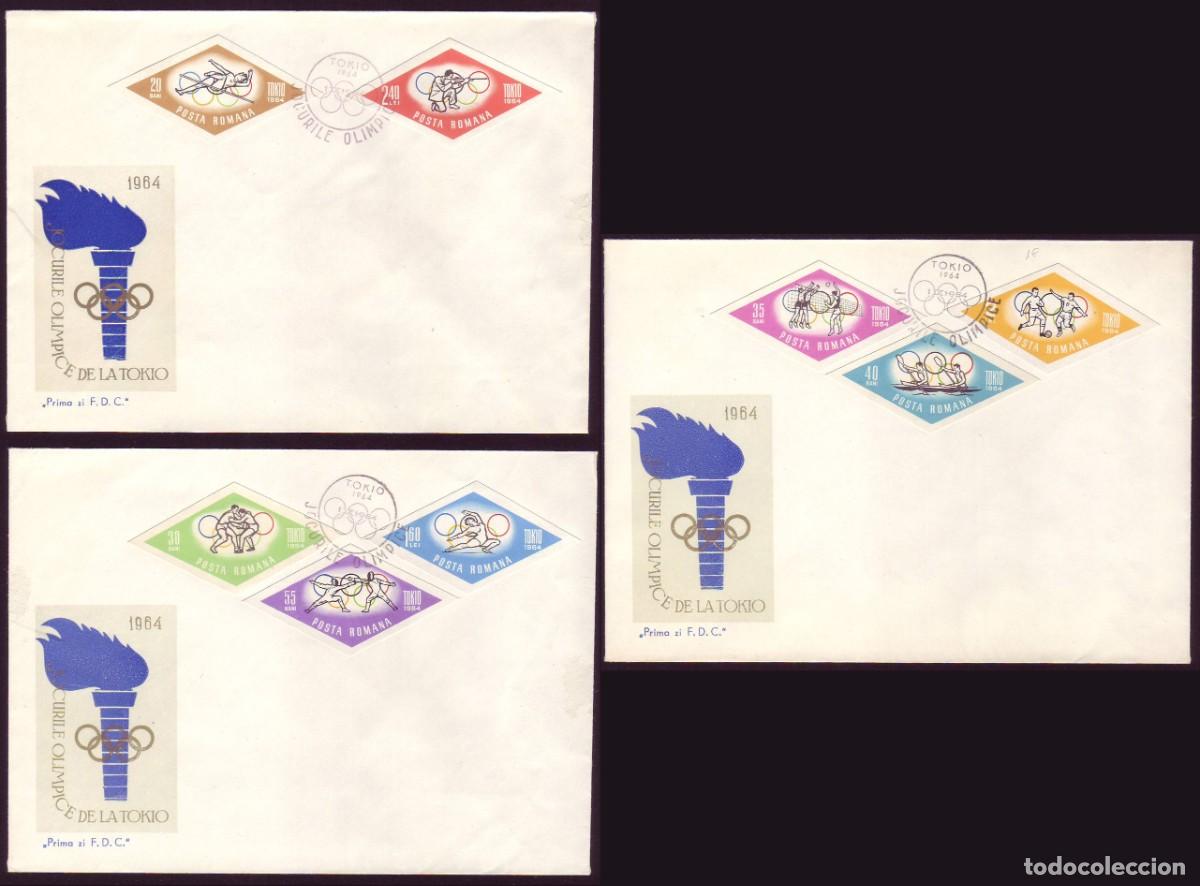 Sellos: 3 FDC Romania, 1964 | Tokio &acute;64 | (imperforated) Yv: 2032/9, Mi: 2317/24, SG: 3184/90