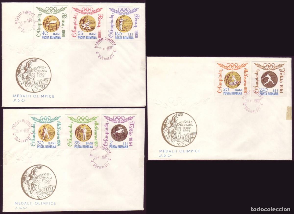 Sellos: 3 FDC Romania, 1964 | Olympic Gold Medals | (imperforated) Yv: 2076/83, Mi: 2353/60
