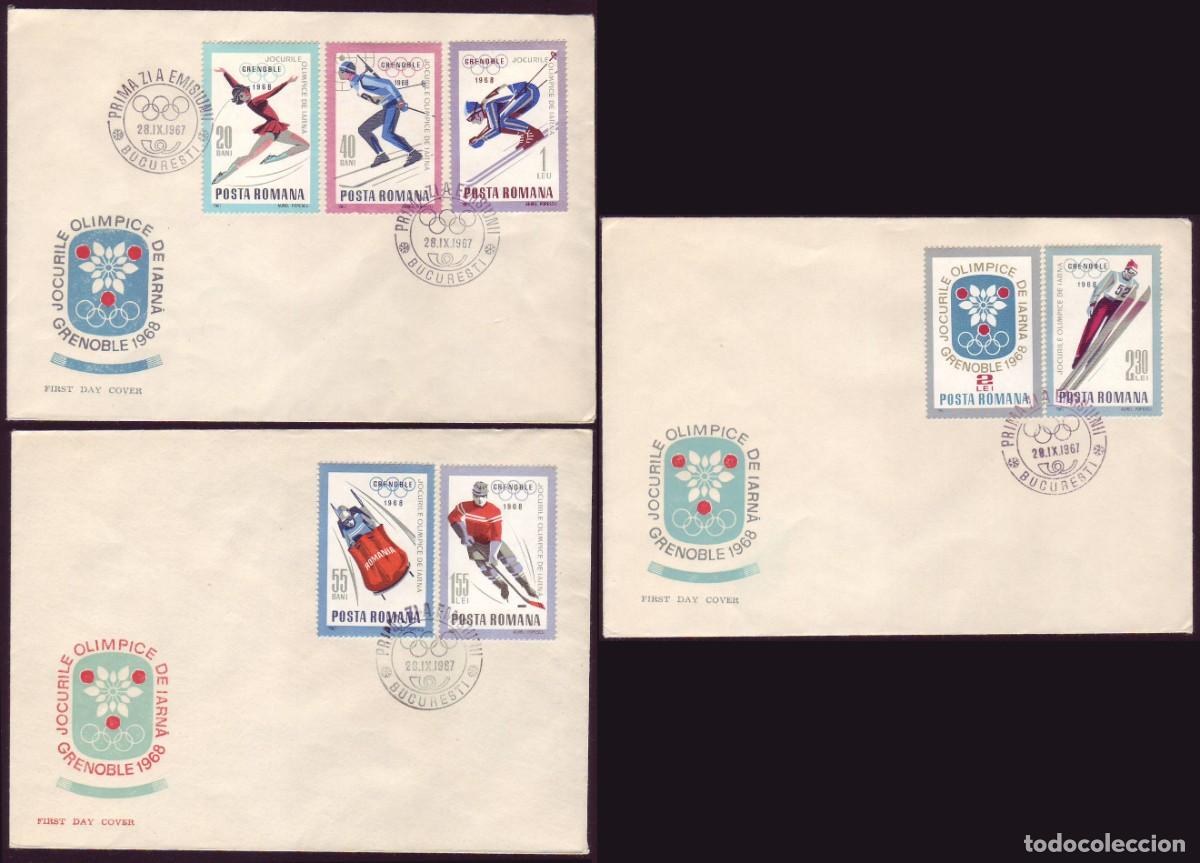 Sellos: 3 FDC Romania, 1967 | Grenoble 1968 | Yv: 2329/35, Mi: 2620/6, SG: 3495/501
