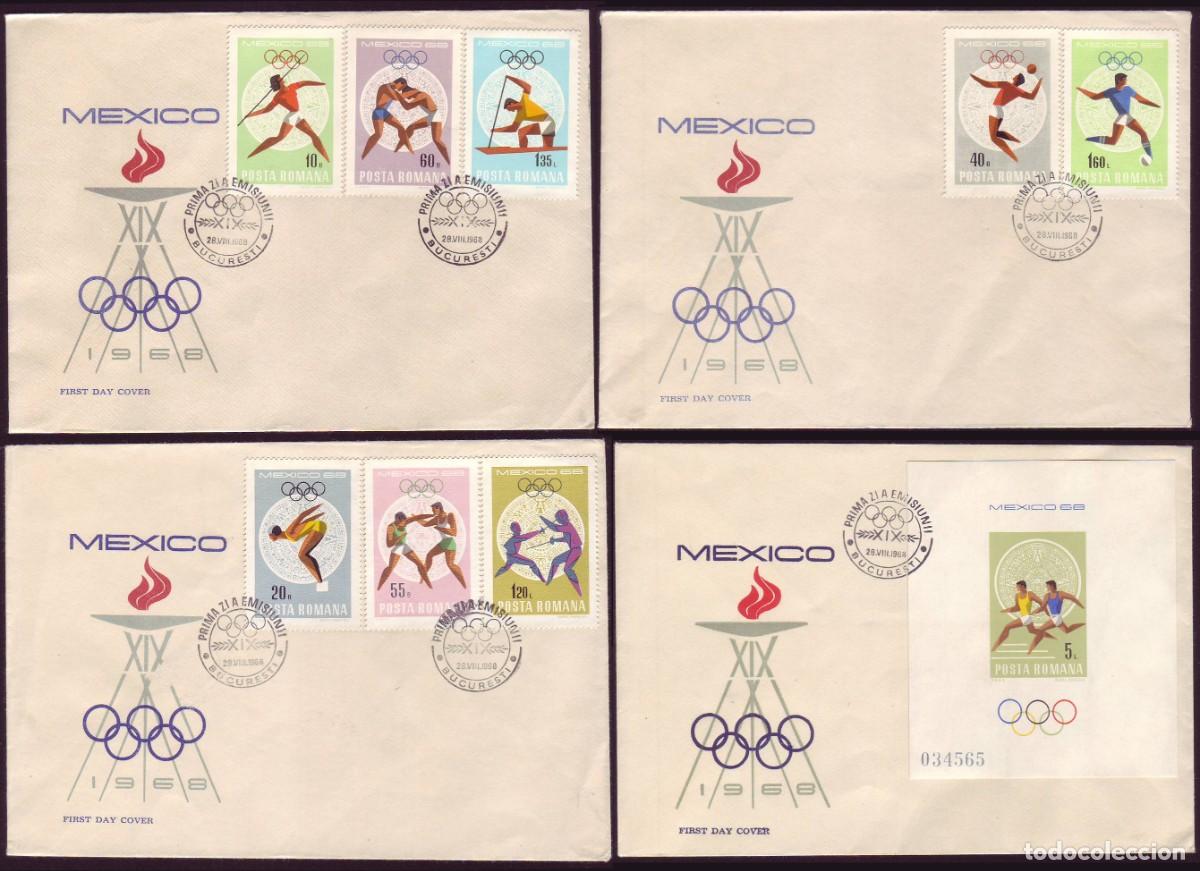 Sellos: 4 FDC Romania, 1968 | Olympic Games Mexico&acute;68 | Yv: 2400/7 + B68, Mi: 2697/704 + B67