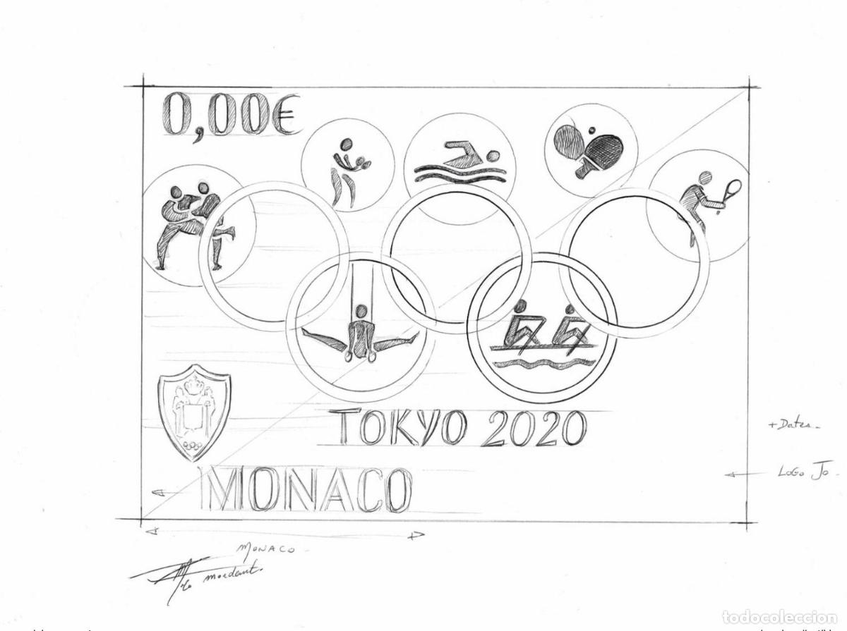 Sellos: M&oacute;naco 2021 Thierry Mordant Dibujo original Juegos Ol&iacute;mpicos 2020 Tokio Jap&oacute;n