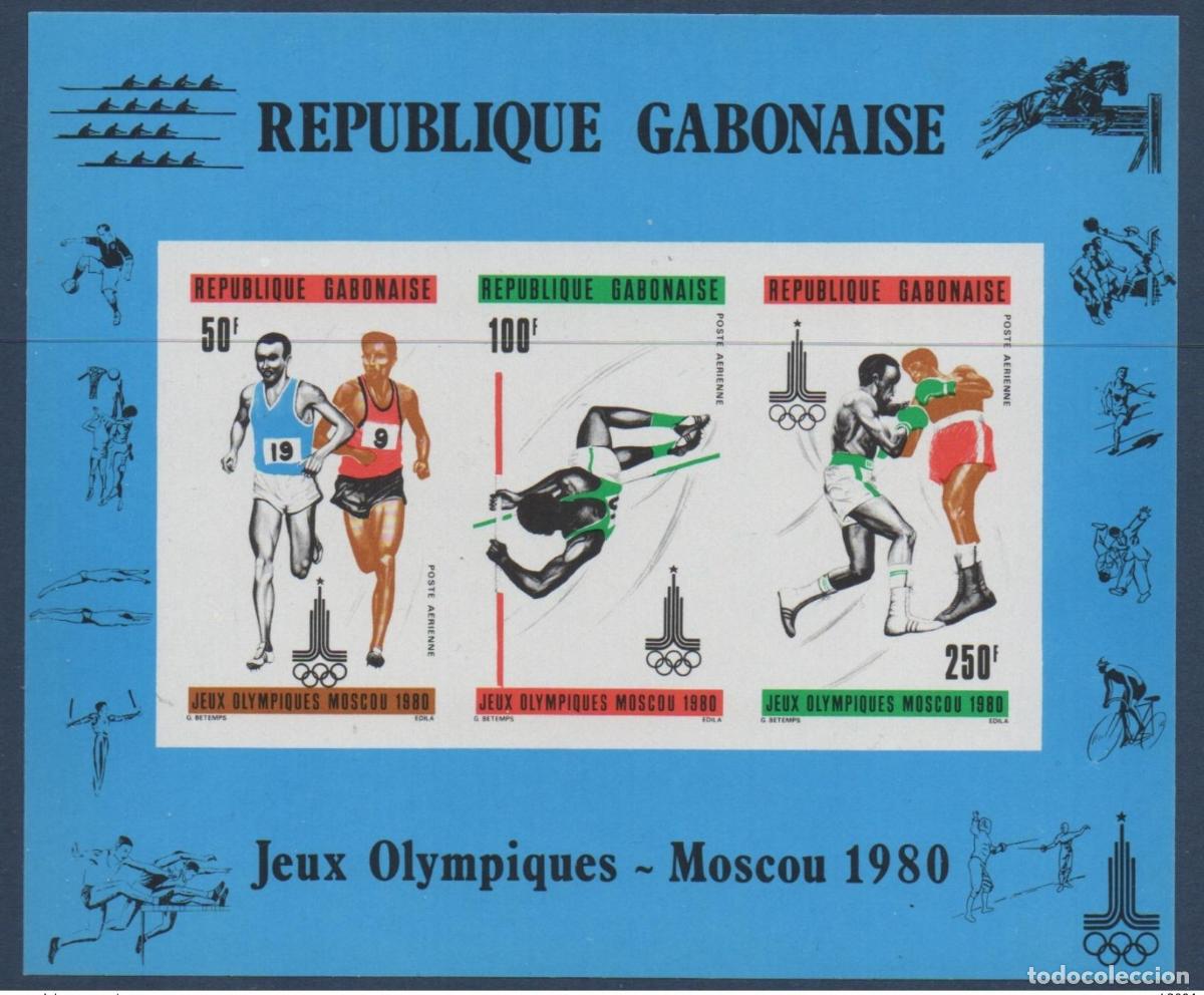 Timbres: Gab&oacute;n 1980 IMPERF Mosc&uacute; Juegos Ol&iacute;mpicos de RARE Mi. Bl. 39 carreras boxeo