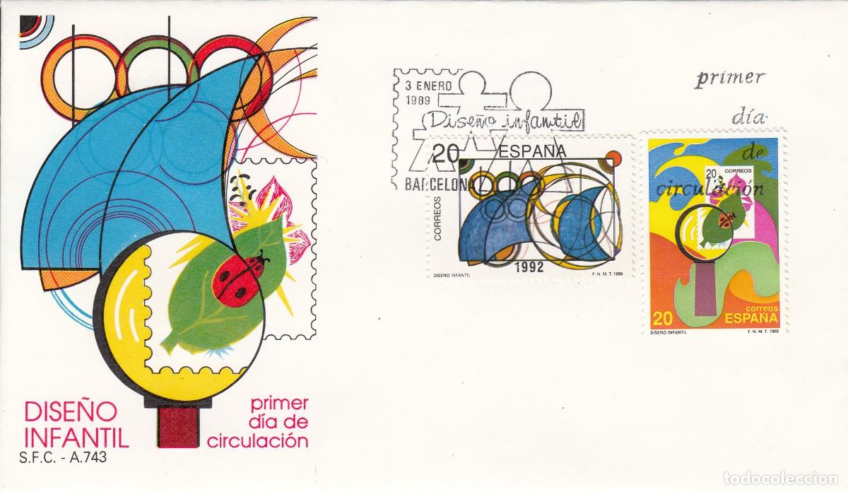 Sellos: JUEGOS OLIMPICOS BARCELONA 92 - 1989 - DISE&Ntilde;O INFANTIL EN SPD PRIMER D&Iacute;A NUMS. 2986-7