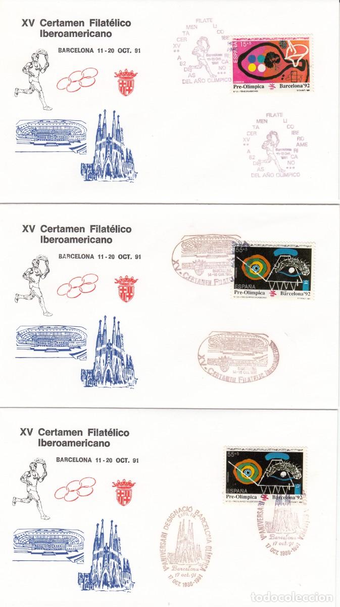 Sellos: JUEGOS OLIMPICOS BARCELONA 92 - TRES MATASELLOS -CERTAMEN IBEROAMERICANO -1991