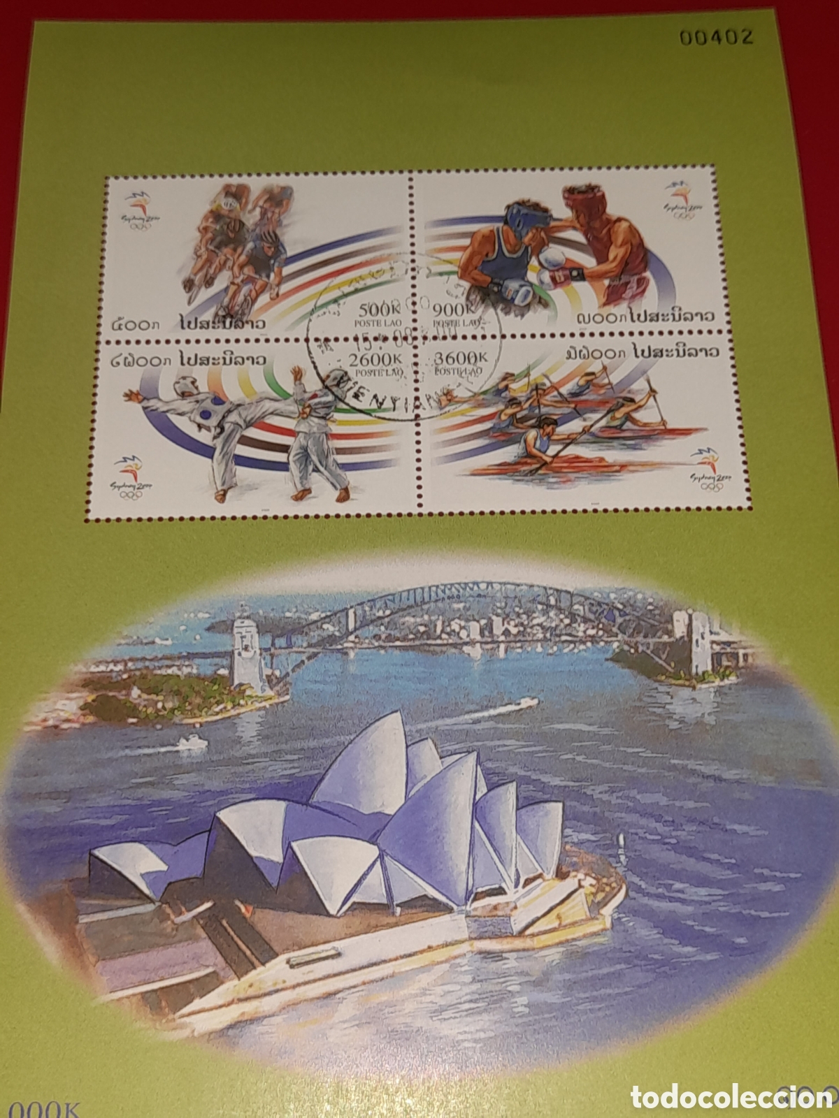 Sellos: HB Laos mtdo 2000. Juegos olimpiada Sydney. Arquitectura. Deporte. Ciclismo. Boxeo. Judo. Remo. K1
