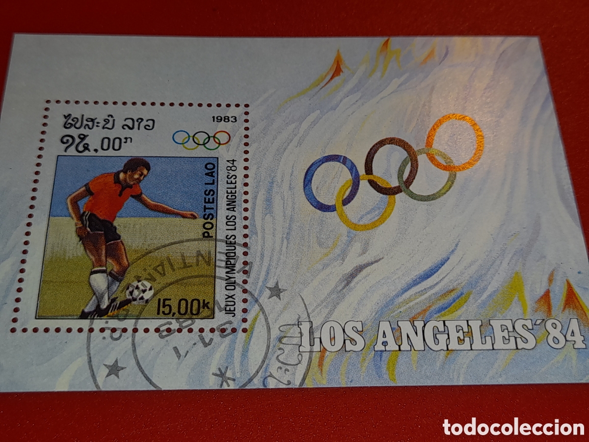 Sellos: HB Laos mtdo 1983. Juegos olimpiada. Los &Aacute;ngeles. Deporte. Furbol. Competicion. Aros.