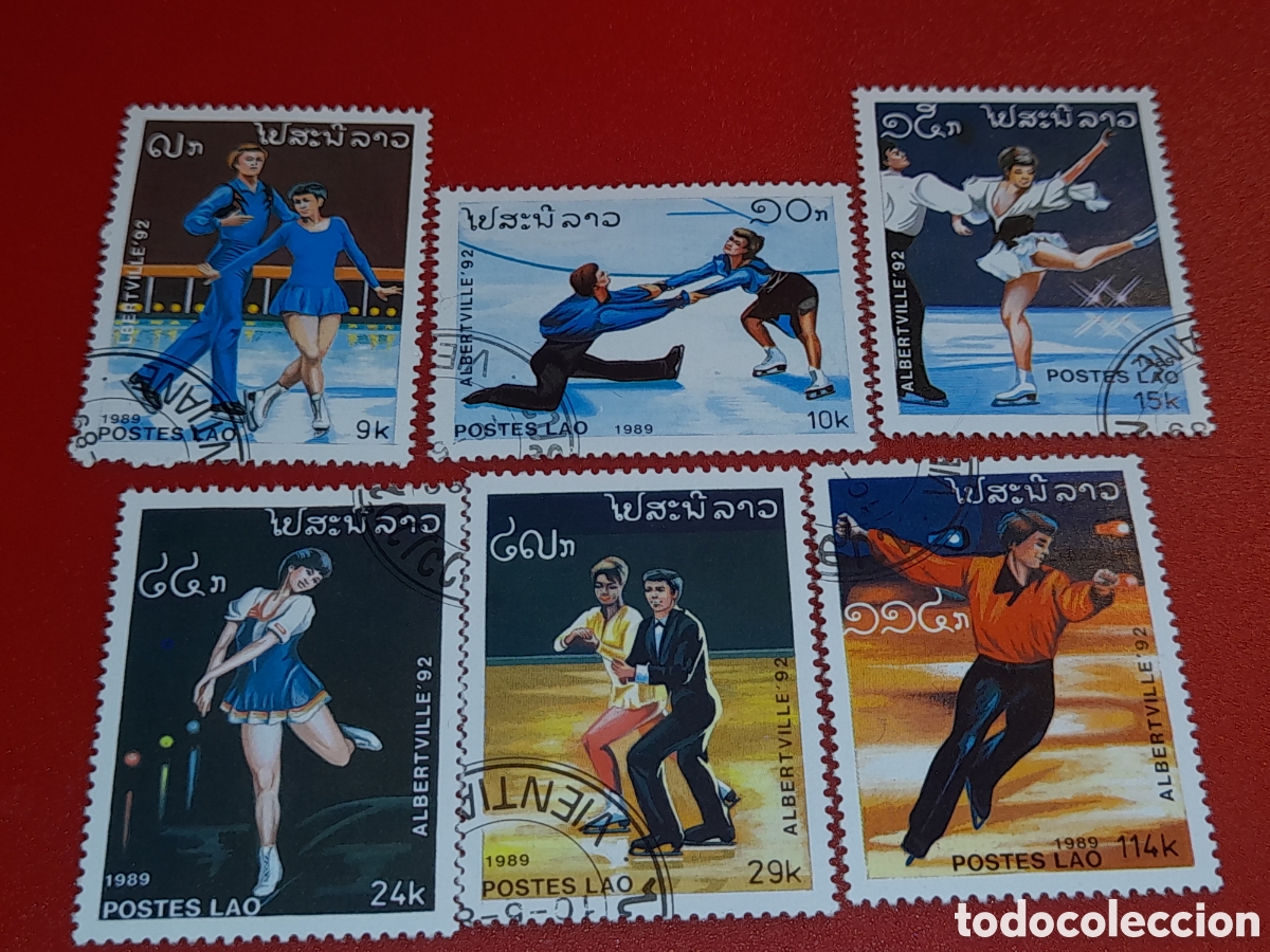 Sellos: Sello Laos mtdo 1989. Juegos olimpiada invierno. Albertville,92. Patinaje artistico. Dwporte. Atleta