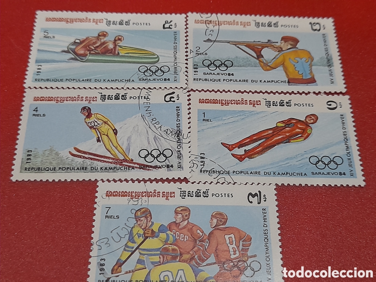 Sellos: Sello Camboya mtdo 1983. Juegos olimpiada invierno. Sarajevo. Deporte. Esqu&iacute;. Tiro. Hockey. Salto.