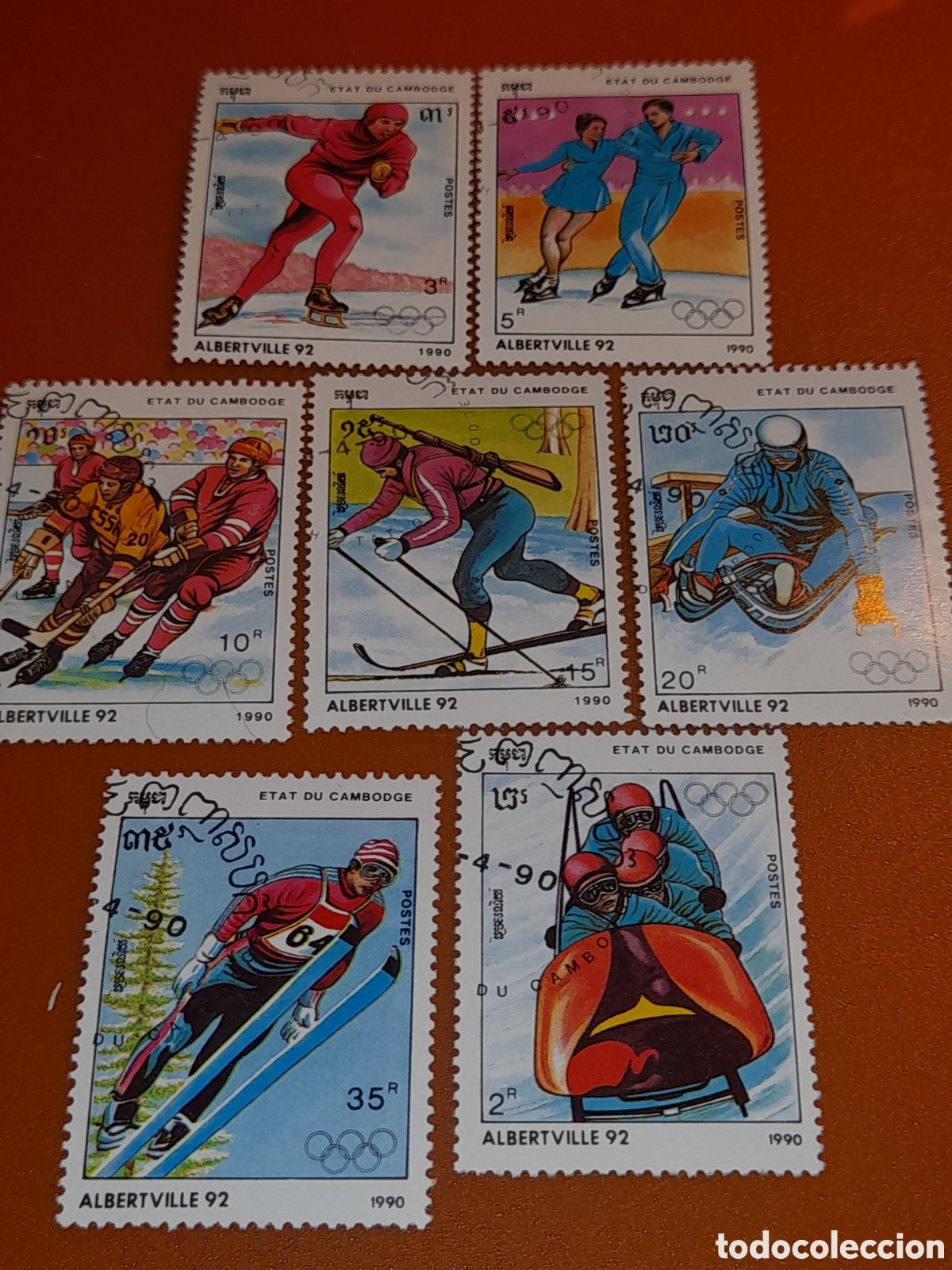 Sellos: Sello Camboya mtdo 1990. Juegoa olimpiada invierno. Albertvilla. Deporte. Patinaje.Hocke. Esqu&iacute;. Sal