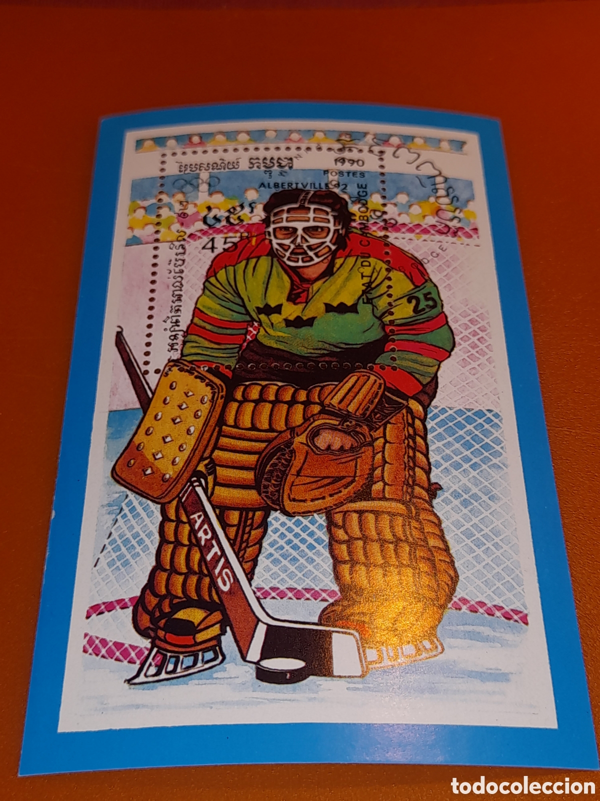 Sellos: HB Camboya mtdo 1990. Juegoa olimpiada invierno. Albertvilla. Deporte. Hocky hielo. Portero