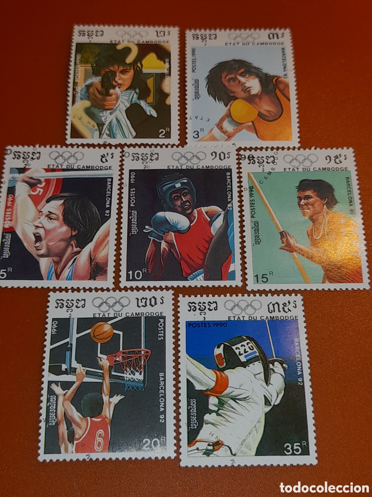 Sellos: Sello Camboya mtdo 1990. Juegos olimpiada. Barcelona. Deporte. Atletas. Boxeo. P&eacute;rtiga. Baloncesto