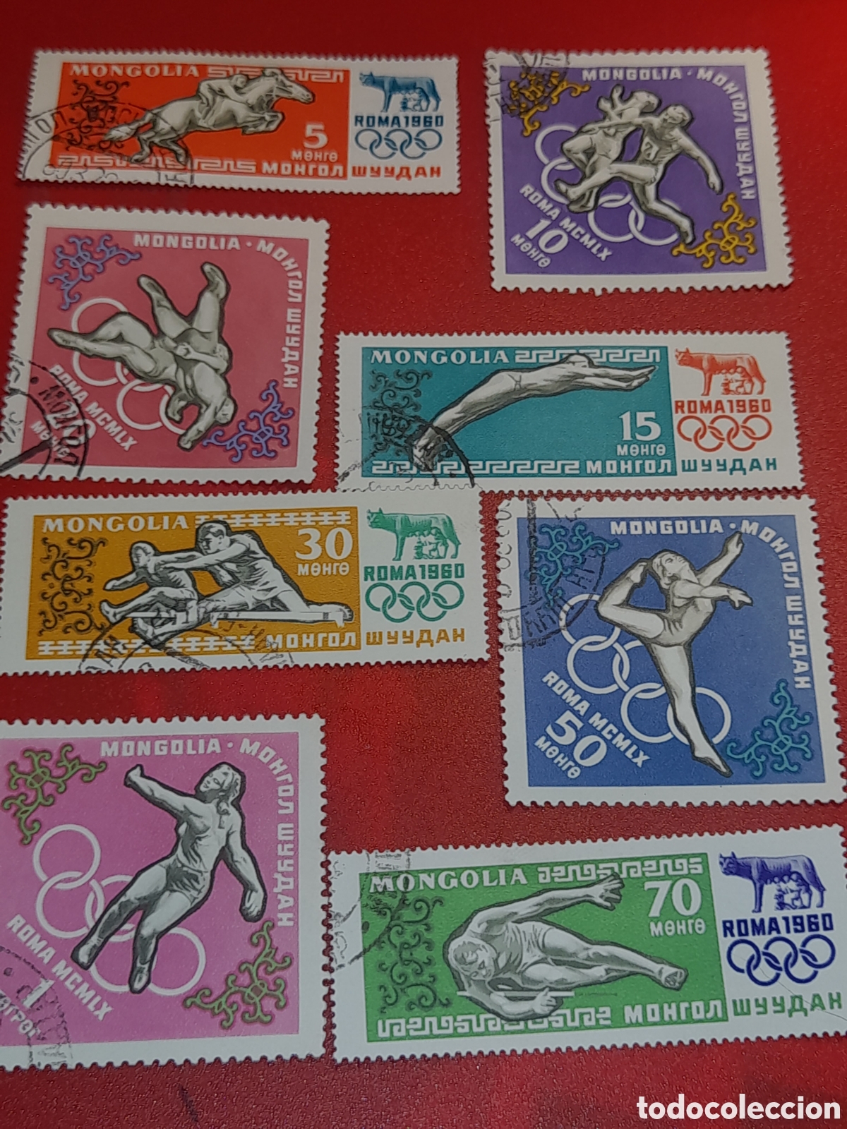 Sellos: Sello Mongolia mtdo 1960. Juegos olimpiada. Roma,60. Deporte. Atletas. Lucha. Patinaje Carrera Hipic